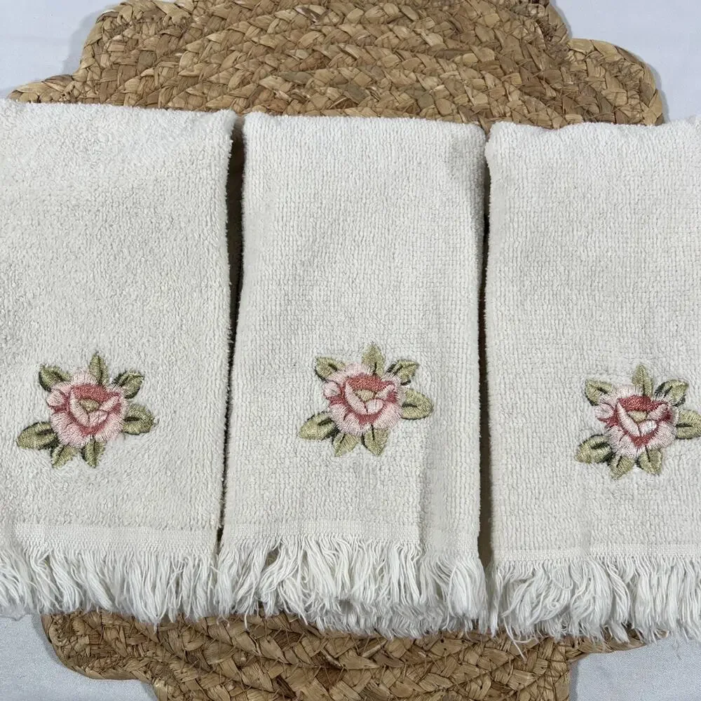 Vintage Set of 3 Avanti Ivory Pink Flower Rose Fingertip Hand Towels 100% Cotton